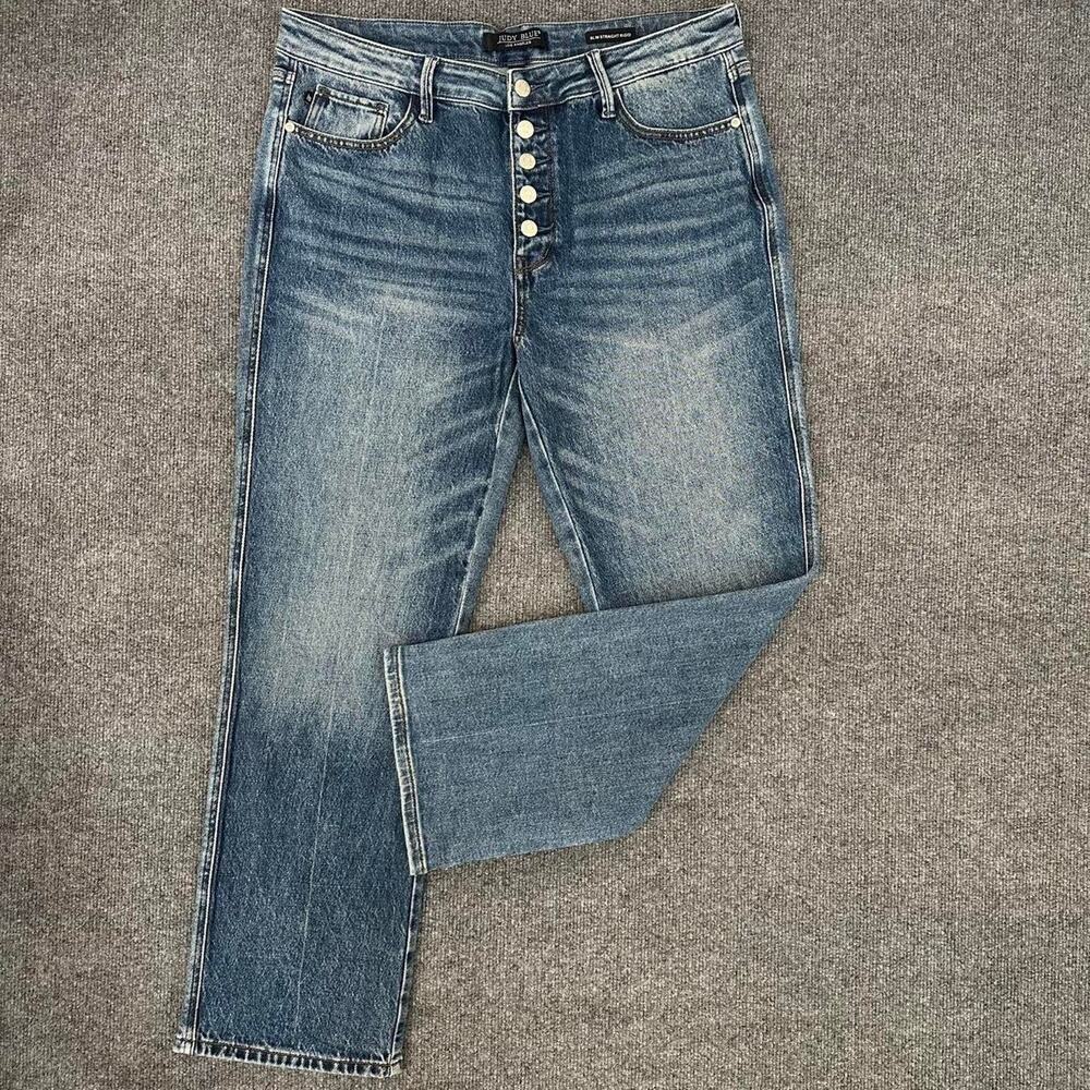 Judy Blue Women’s Slim Straight Rigid Jeans Button Fly Stone Wash Denim 15/32